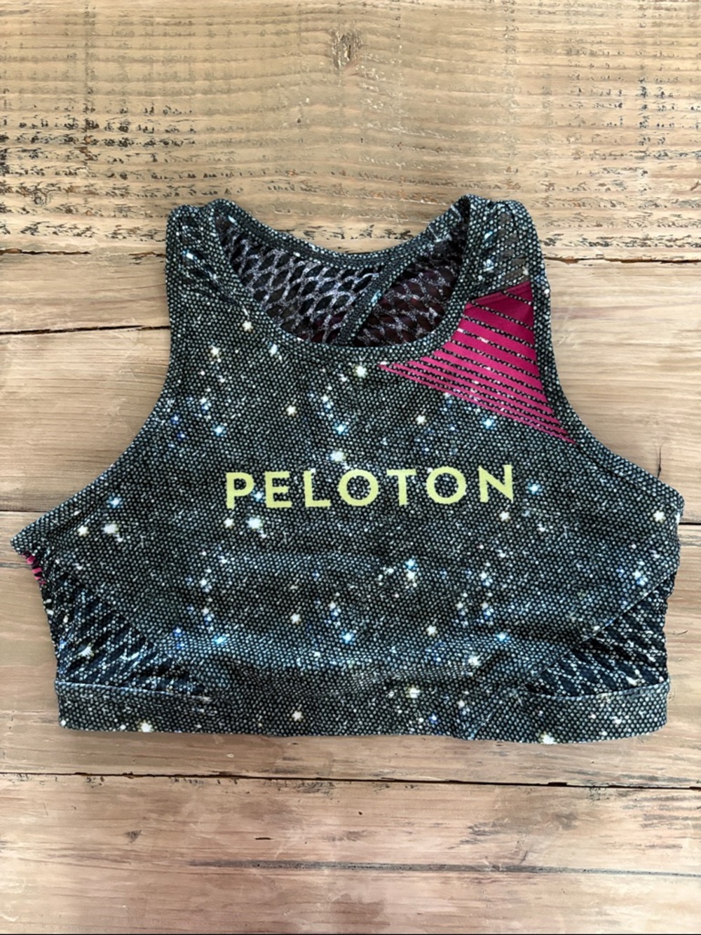 Peloton Black Galaxy Print Sports Bra with Yellow Logo and Pink Accent